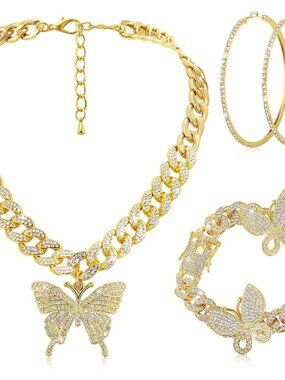 3 Pcs Butterfly Cuban Jewelry Set Cuban Link Chain Necklace for Women Rhinestone